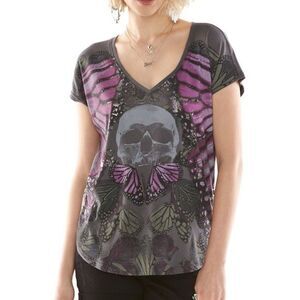 Rock & Republic Gray Butterfly Skull Graphic Tee Size Small
